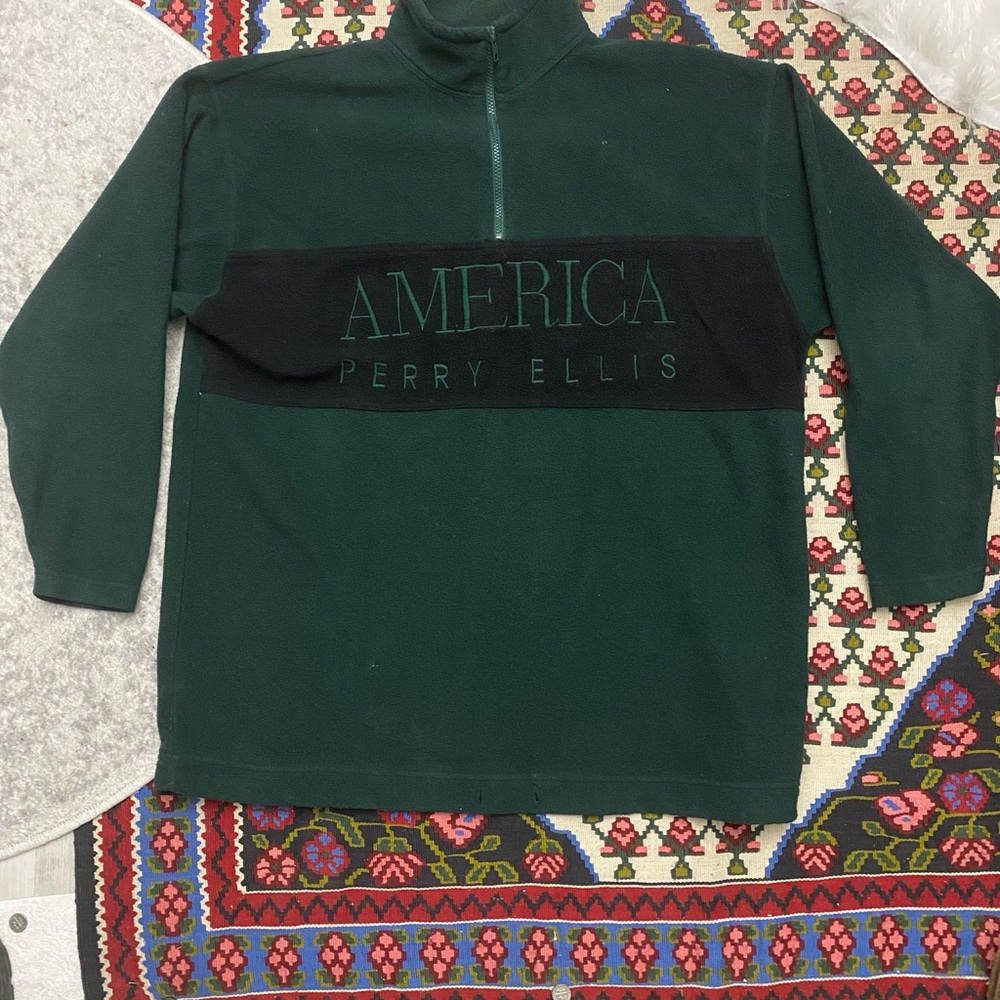 Perry Ellis Green and Black Zip Up Sweater with High Collar